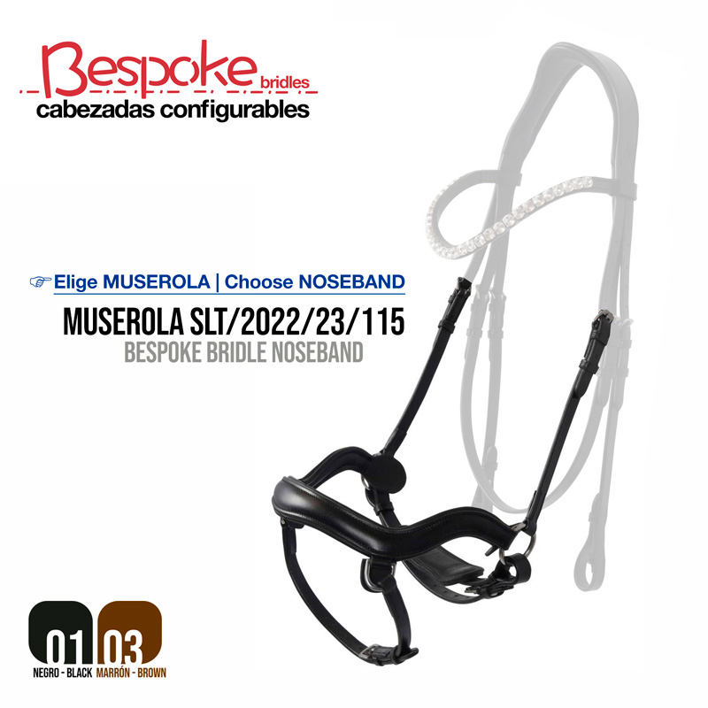 Muserola preta para cavalo em couro com texto promocional da marca Bespoke bridles e opções de cor