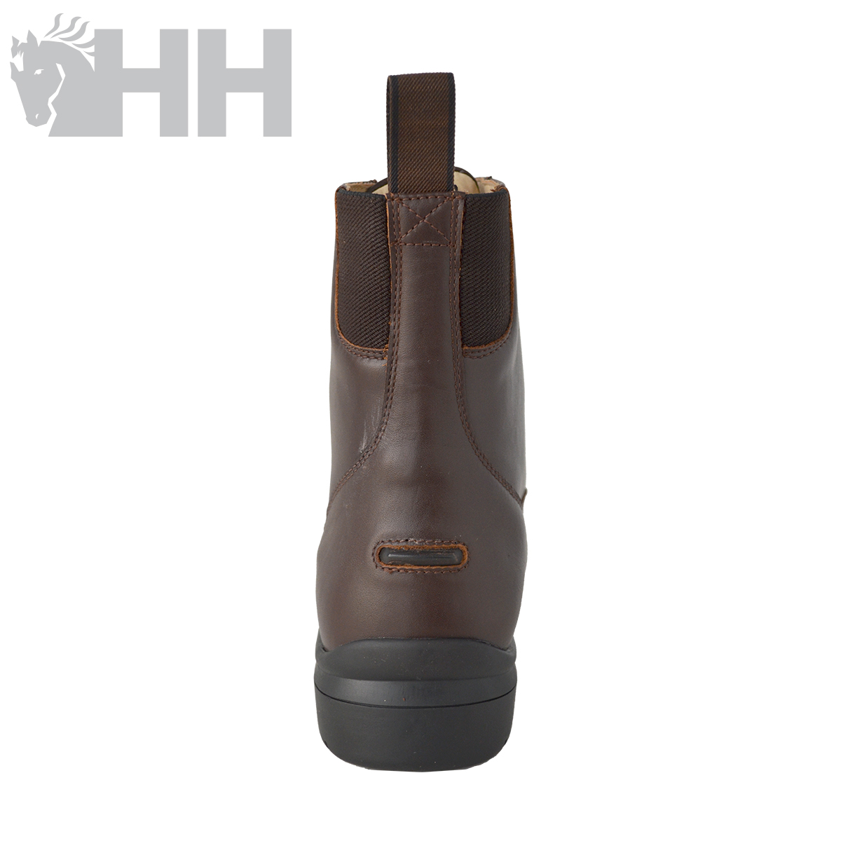 Bota castanha em pele com elástico castanho escuro e sola preta vista de trás