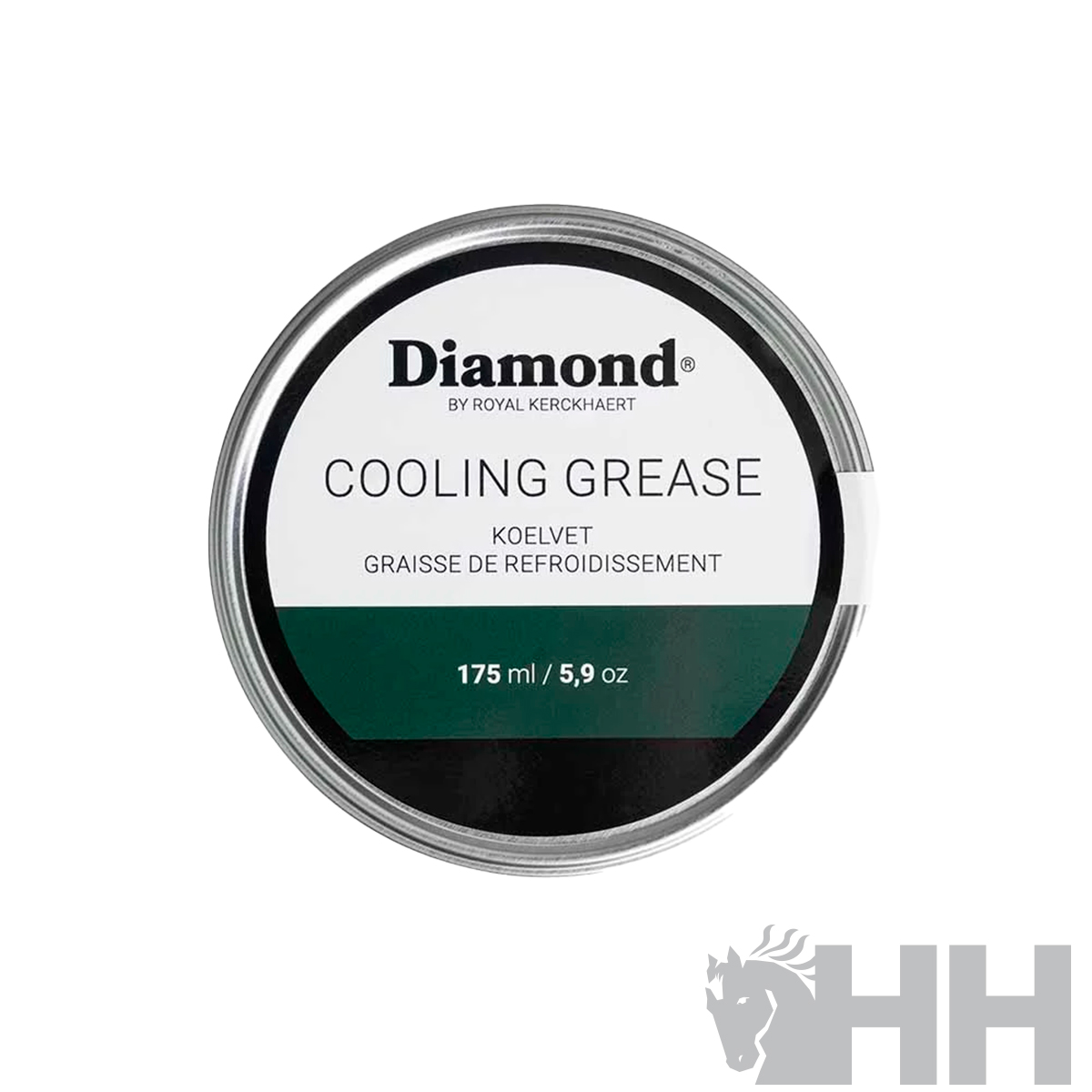 Lata redonda de Graxa de Arrefecimento Diamond com rótulo branco, preto e verde