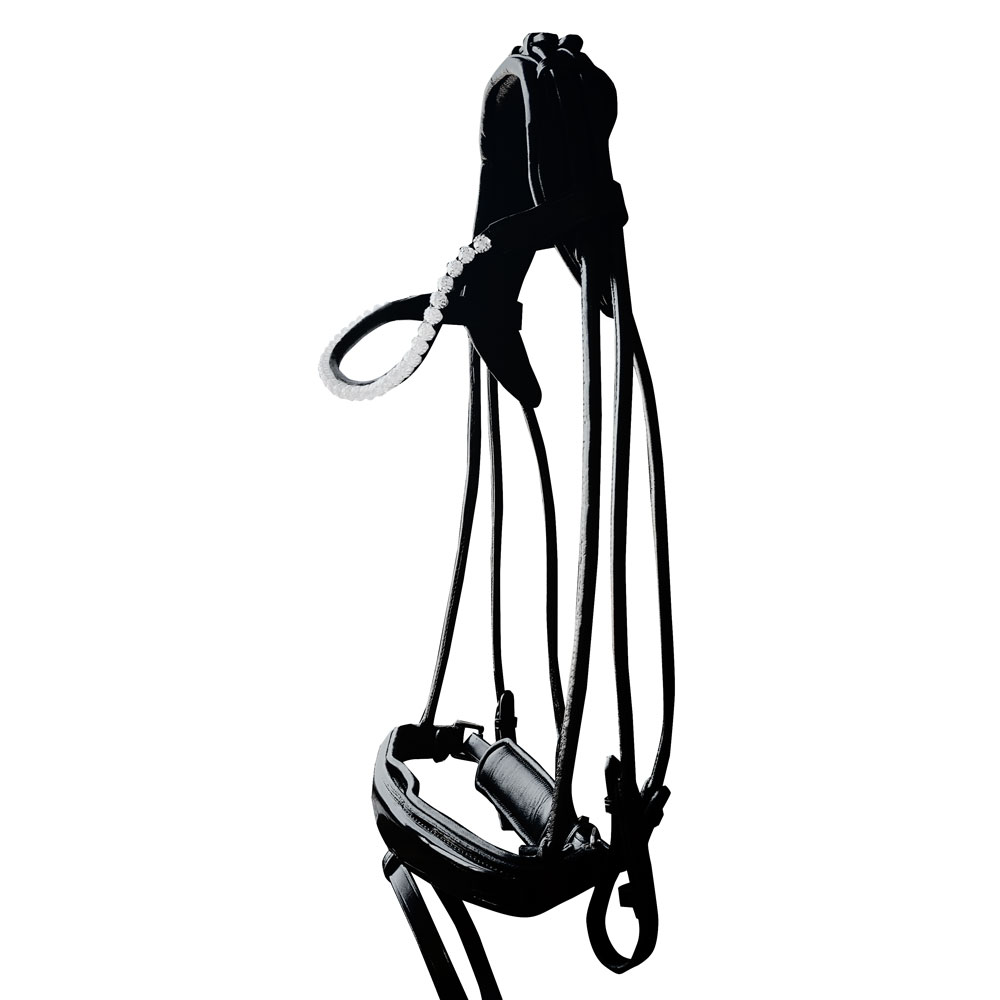 Freio de cavalo em couro preto com detalhes em pedras brilhantes