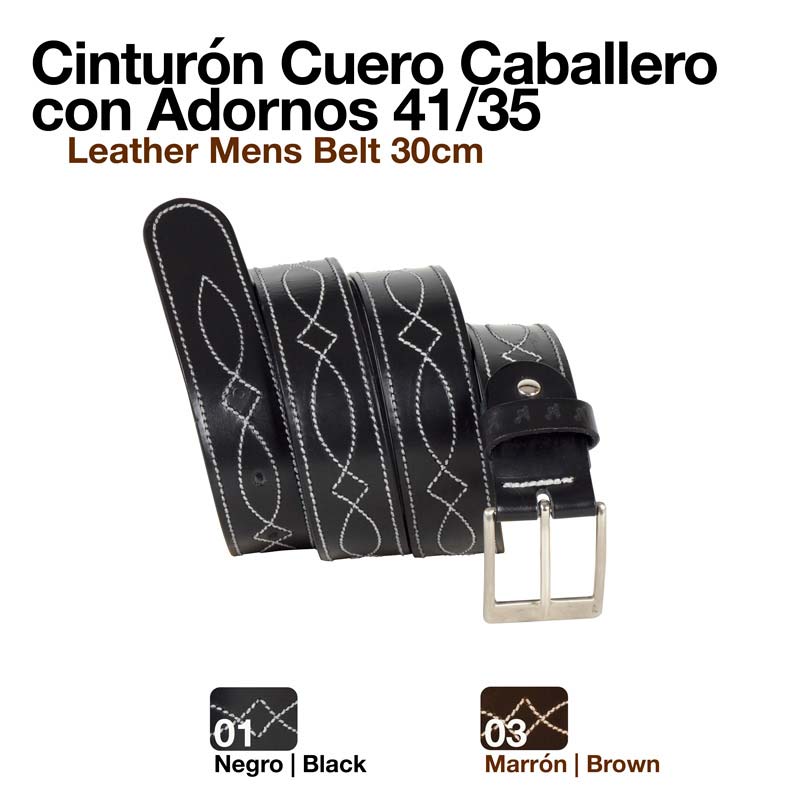 Cinto de couro preto para homem com decoração branca e fivela metálica