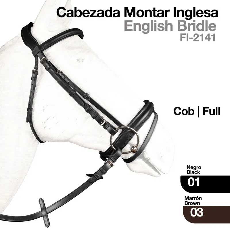 Cabeçada Montar Inglesa de couro preto para cavalos Cob ou Full