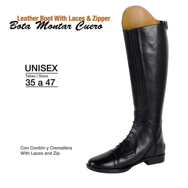 Bota de montar unisexo preta de couro com cadarços e fecho de correr