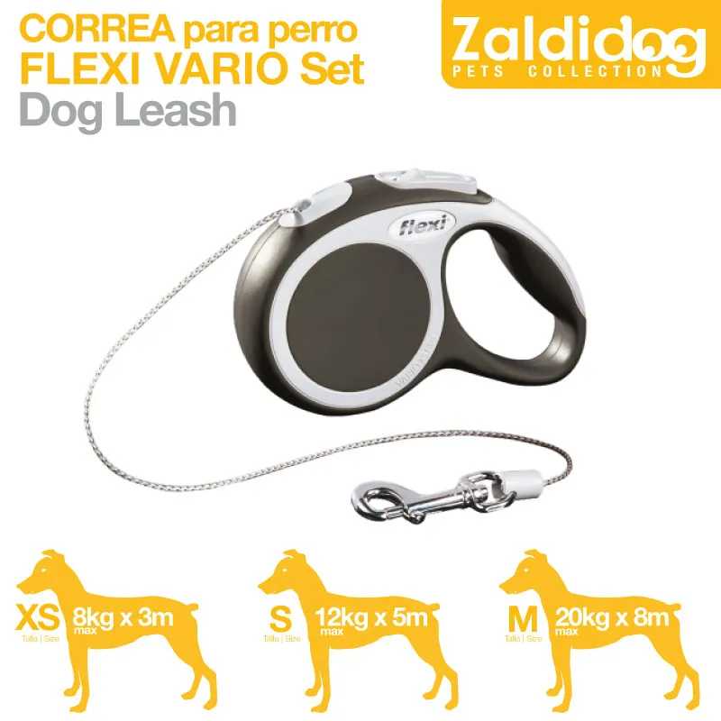 Trela para cães Zaldidog preto e branco com cabo metálico e indicação de tamanhos