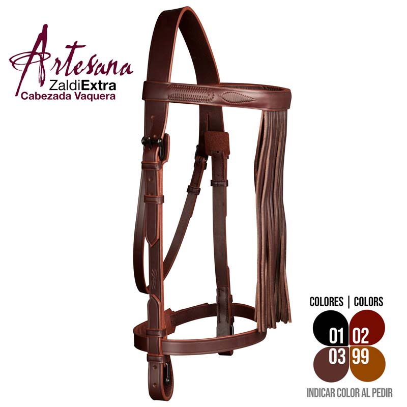 Cabeçada vaquera de couro castanho com franjas e detalhes decorativos