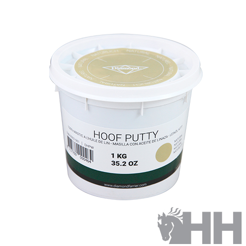 Recipiente branco de plástico com tampa contendo Hoof Putty para tratamento, com texto e logótipos visíveis.