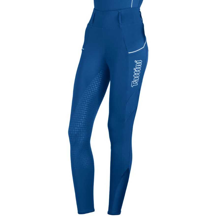 Calças desportivas femininas azuis com detalhes refletivos e texto Tattini