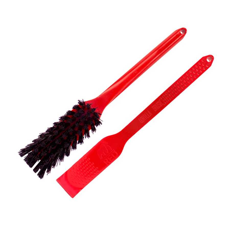 Dupla de escovas vermelhas com cerdas pretas e superfície plana texturizada, com texto GORILLA BRUSH