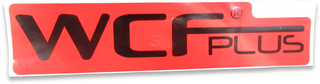 Adesivo vermelho com texto preto WCF PLUS