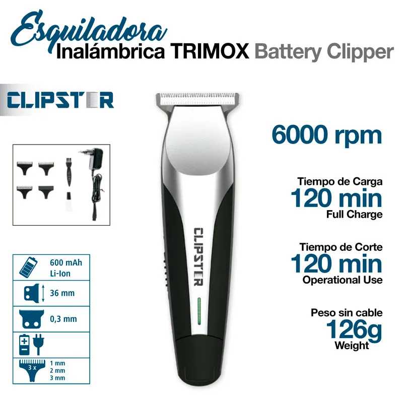 Máquina de cortar cabelo sem fios CLIPSTAR TRIMOX branca e preta com acessórios e especificações técnicas
