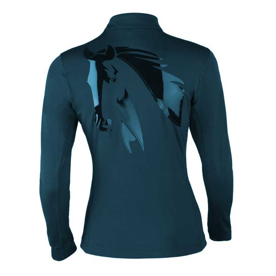 Casaco feminino azul escuro com estampa de cabeça de cavalo nas costas