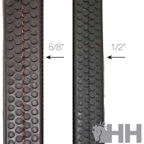 Duas correias de couro castanho com texturas de bolinhas e medidas 5/8