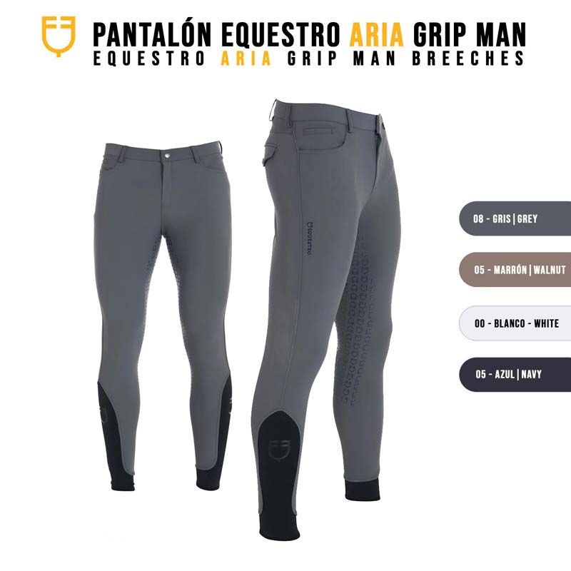Calças de equitação masculinas cinzentas com detalhes em preto, vistas de frente e lado, junto a paleta de cores disponível.