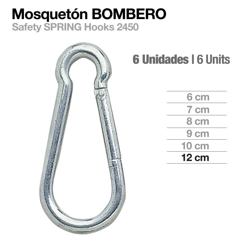 Mosquetão BOMBERO metálico prateado com fecho de mola e texto explicativo