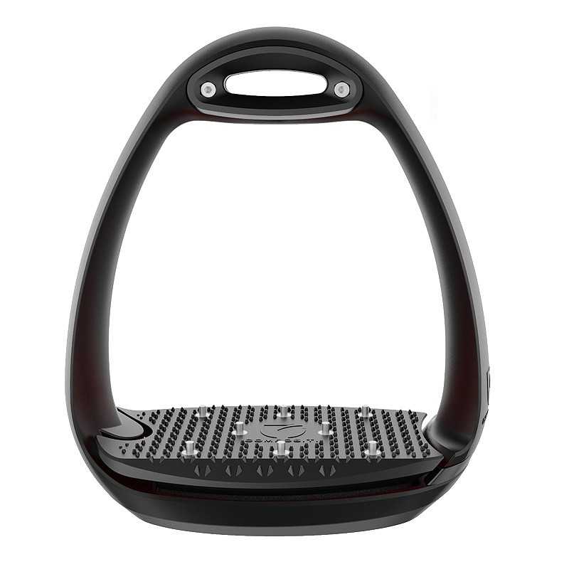 Estribo para cavalo preto com base antiderrapante e pega oval.