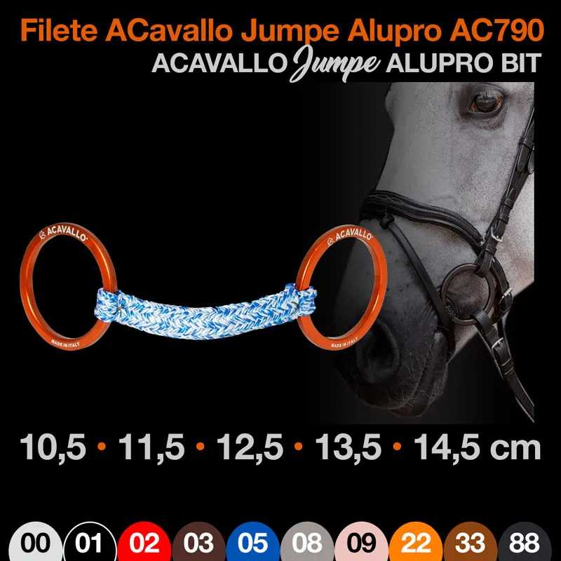 Filete ACavallo Jumpe Alupro AC790 com argolas laranjas e corda azul e branca, texto promocional em fundo preto