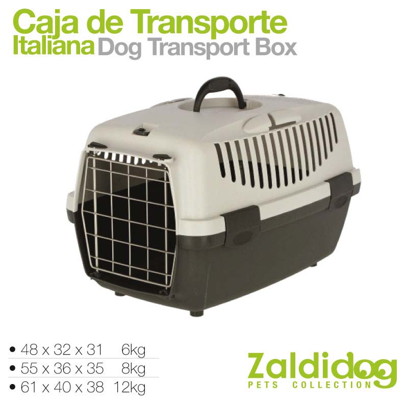 Caixa de transporte para cães cinza com porta metálica e pega preta