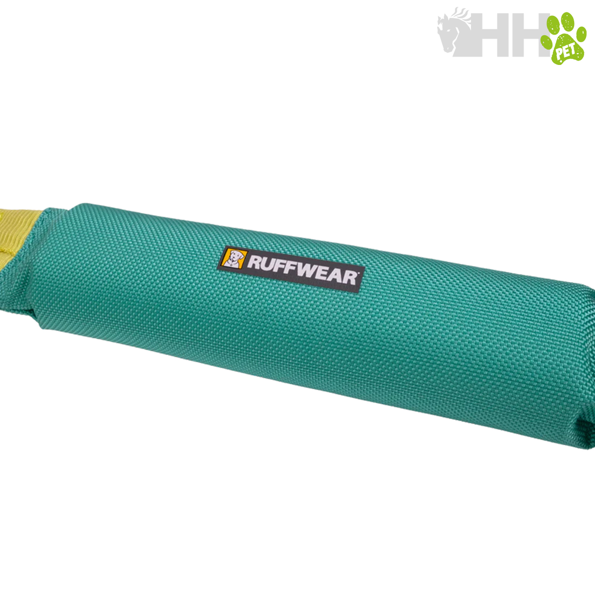 Objeto para cães verde com parte amarela e etiqueta RUFFWEAR
