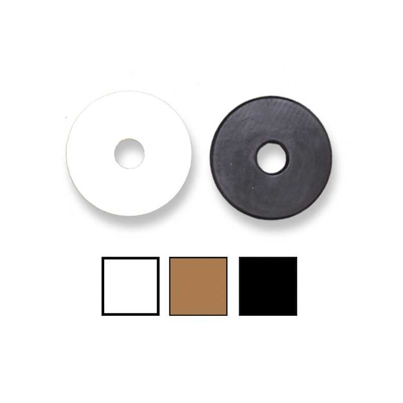 Dois discos redondos, um branco e um preto, com um orifício central, sobre fundo branco e três quadrados de cores branca, castanha e preta.