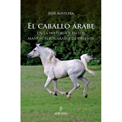 Capa de livro com cavalo árabe branco a correr em relva verde