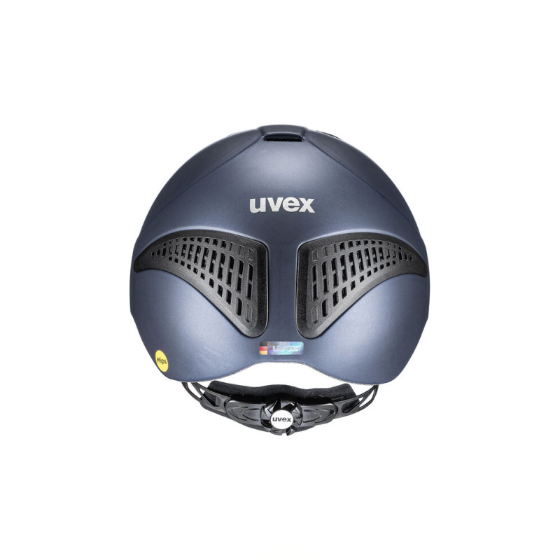 Capacete azul escuro com ventilação e palavra uvex