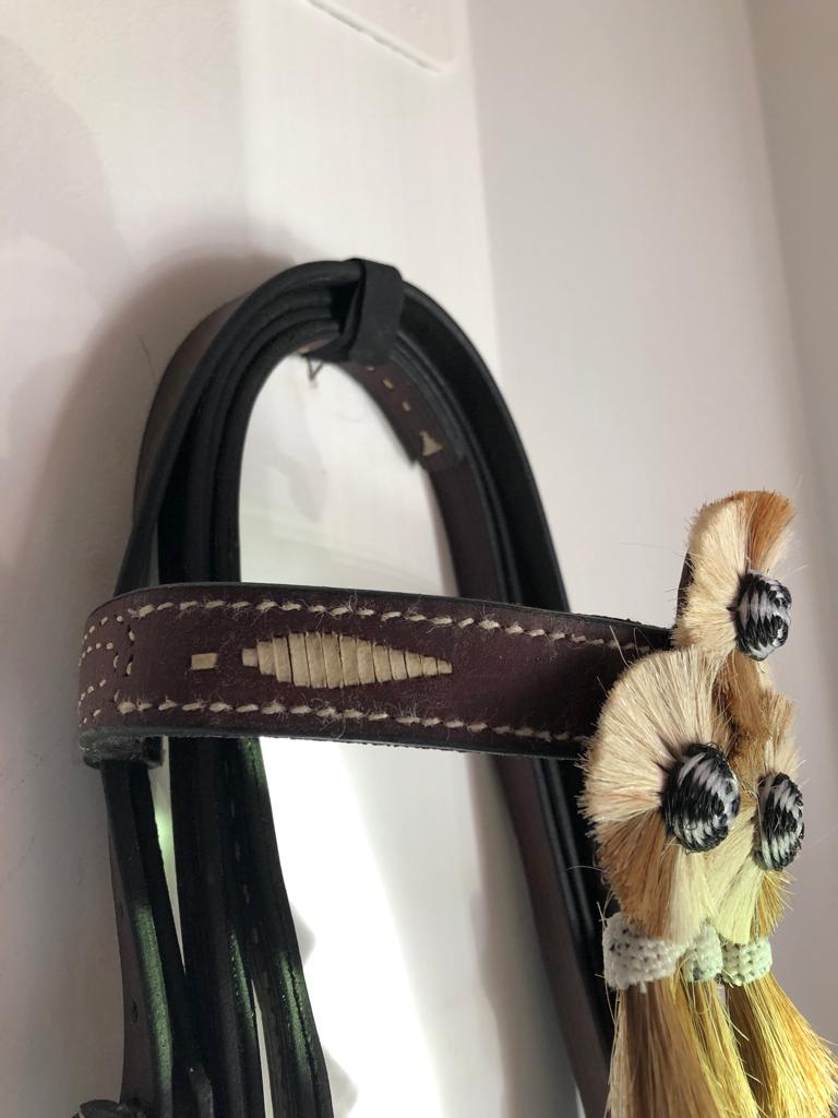 Bridão de equitação em couro castanho com decoração e costura branca