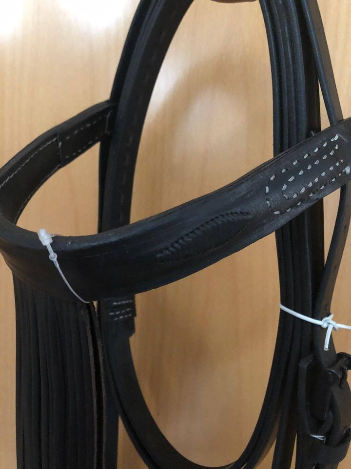 Arnês em couro preto com detalhes perfurados pendurado