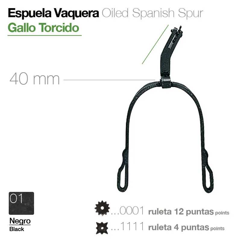 Espora vaqueira espanhola oleada preta com 40 mm e roletas de 12 e 4 pontas em fundo branco