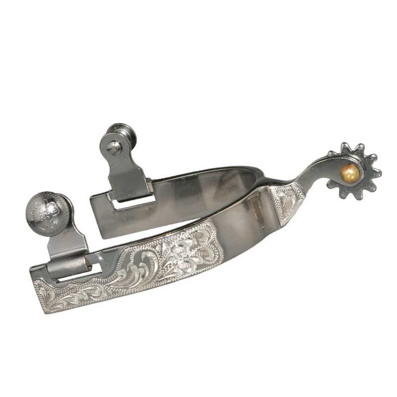 Espera de esporas metálica prateada com detalhes gravados e roda dentada