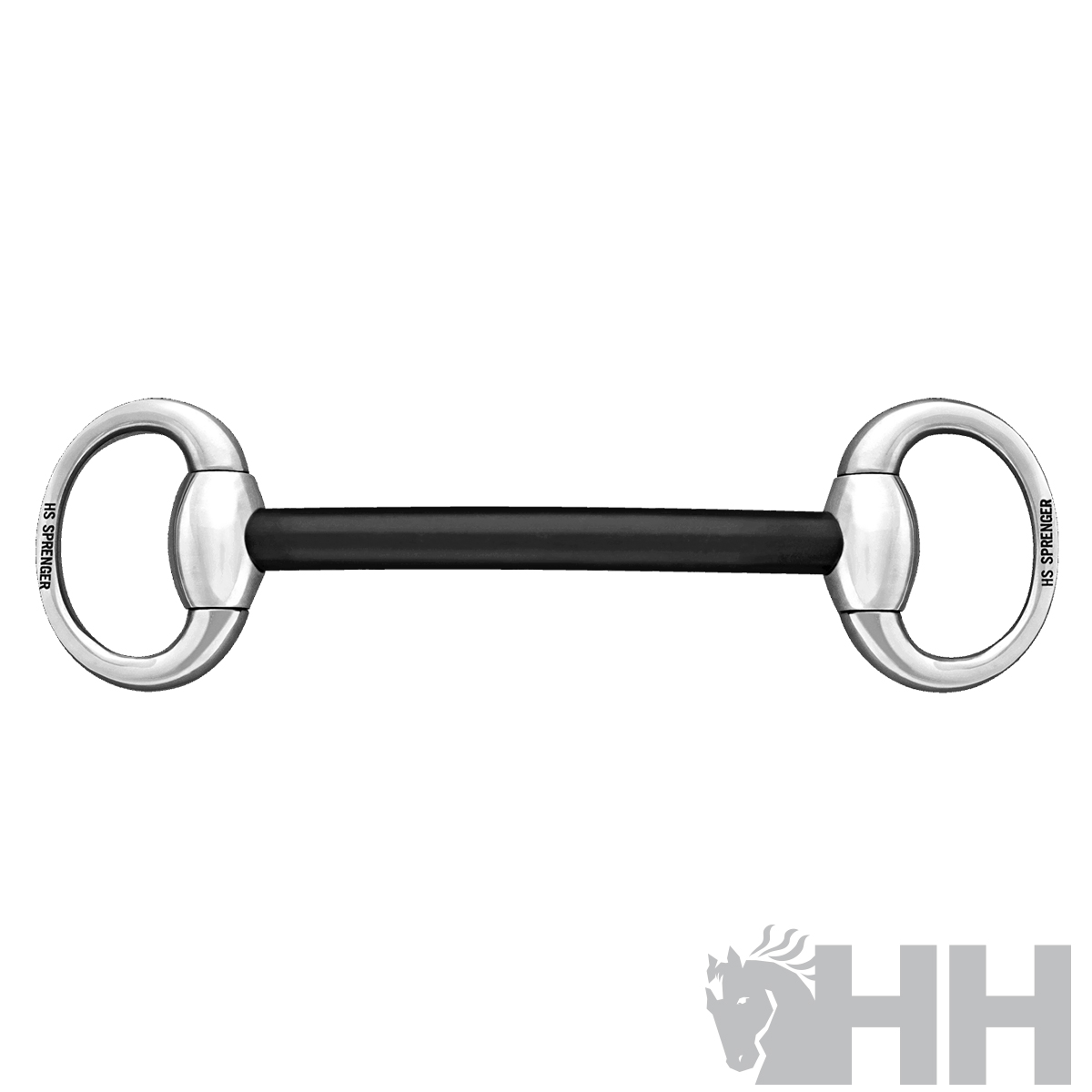 Freio de cavalo metálico com barra preta e anéis prateados