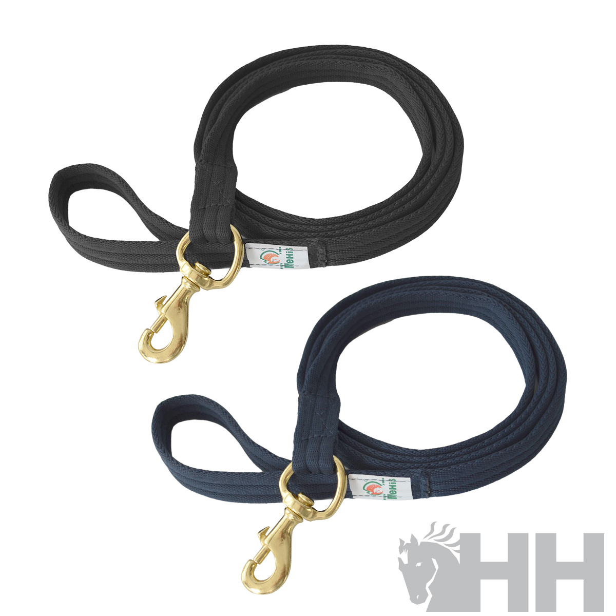 Duas trelas para cães, preta e azul escuro, com mosquetão dourado