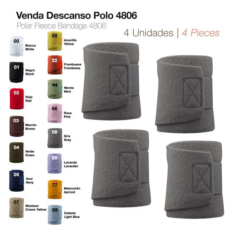 Quatro vendas de descanso cinza de fleece polar com fecho de velcro e tabela de cores à esquerda.