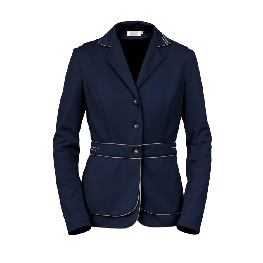 Blazer feminino azul escuro com botões e cinto
