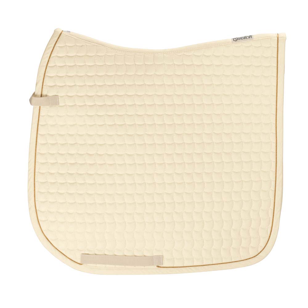 Mantilha de sela para cavalo bege clara acolchoada com borda dourada e etiqueta Eskadron.