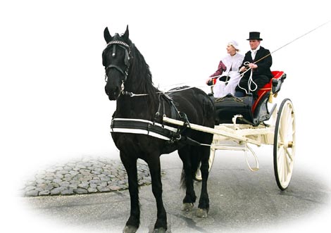 Carruagem branca com cavalo preto e duas pessoas vestidas a rigor