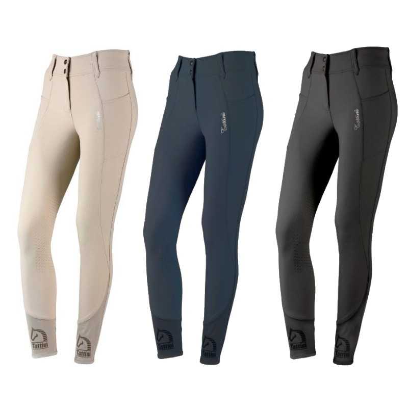 Três calças de equitação nas cores bege, azul-escuro e cinza-escuro, com botões e detalhes elásticos.