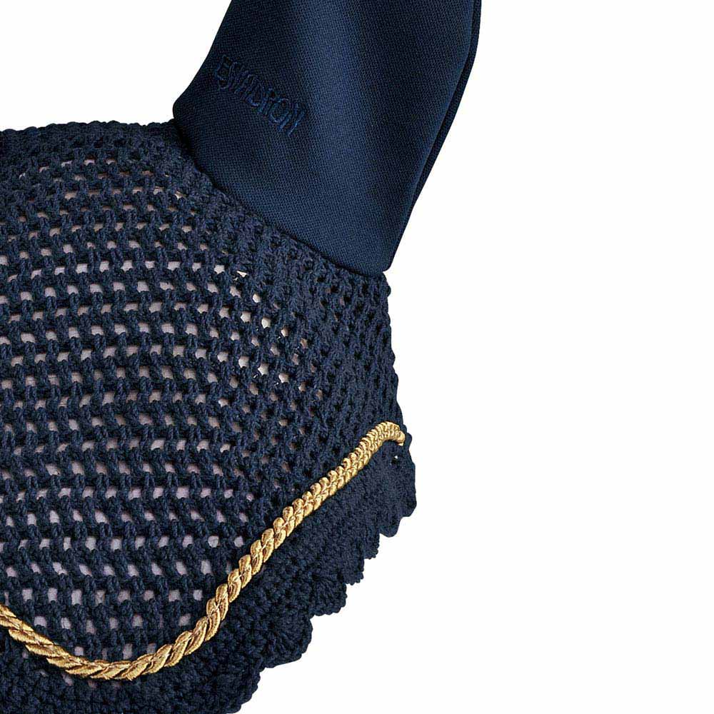 Touca de protecção azul escuro em malha com banda dourada e texto bordado