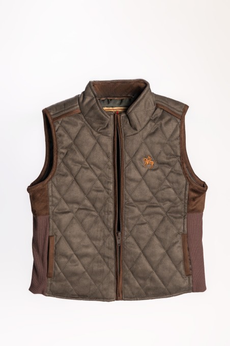 Colete acolchoado verde-oliva e castanho com fecho frontal e bordado de cavalo
