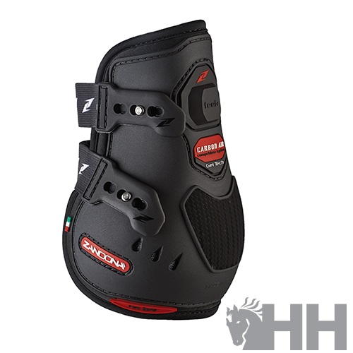 Protetor para cavalo preto com detalhes em vermelho e faixas ajustáveis