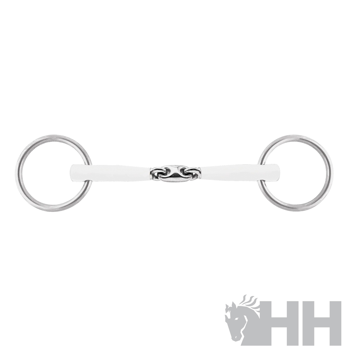 Freio para cavalo com anéis metálicos e peça central branca com detalhe prateado