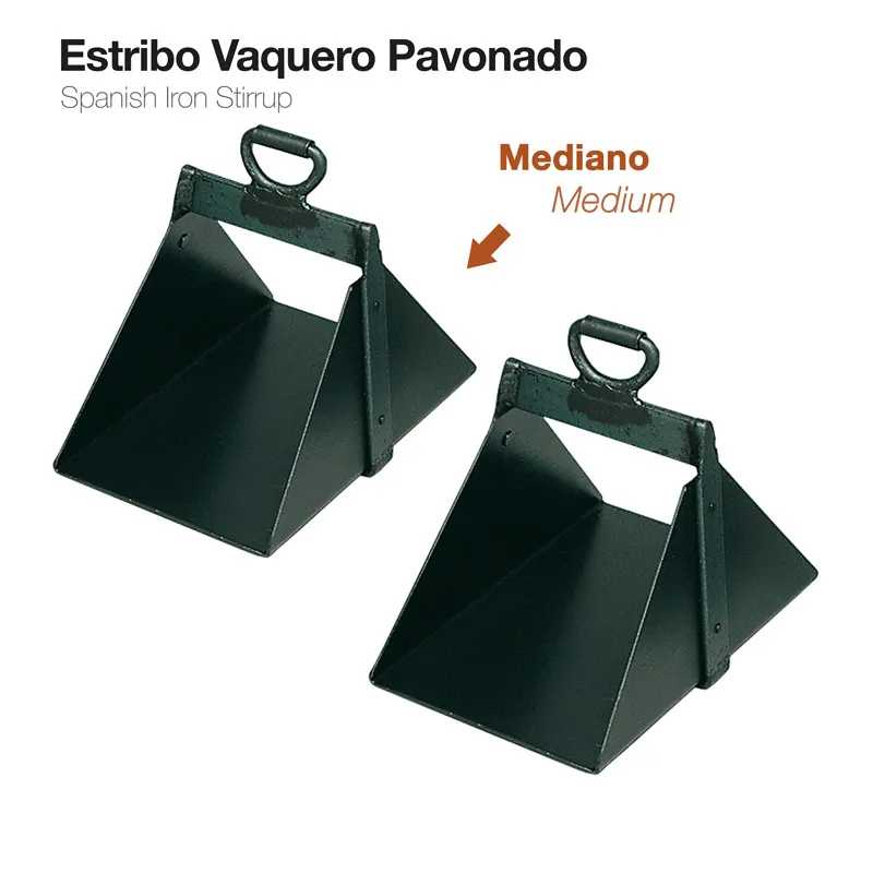 Dois estribos vaqueiros pavonados de ferro espanhol pretos com alça oval, sobre fundo branco, texto em português e inglês