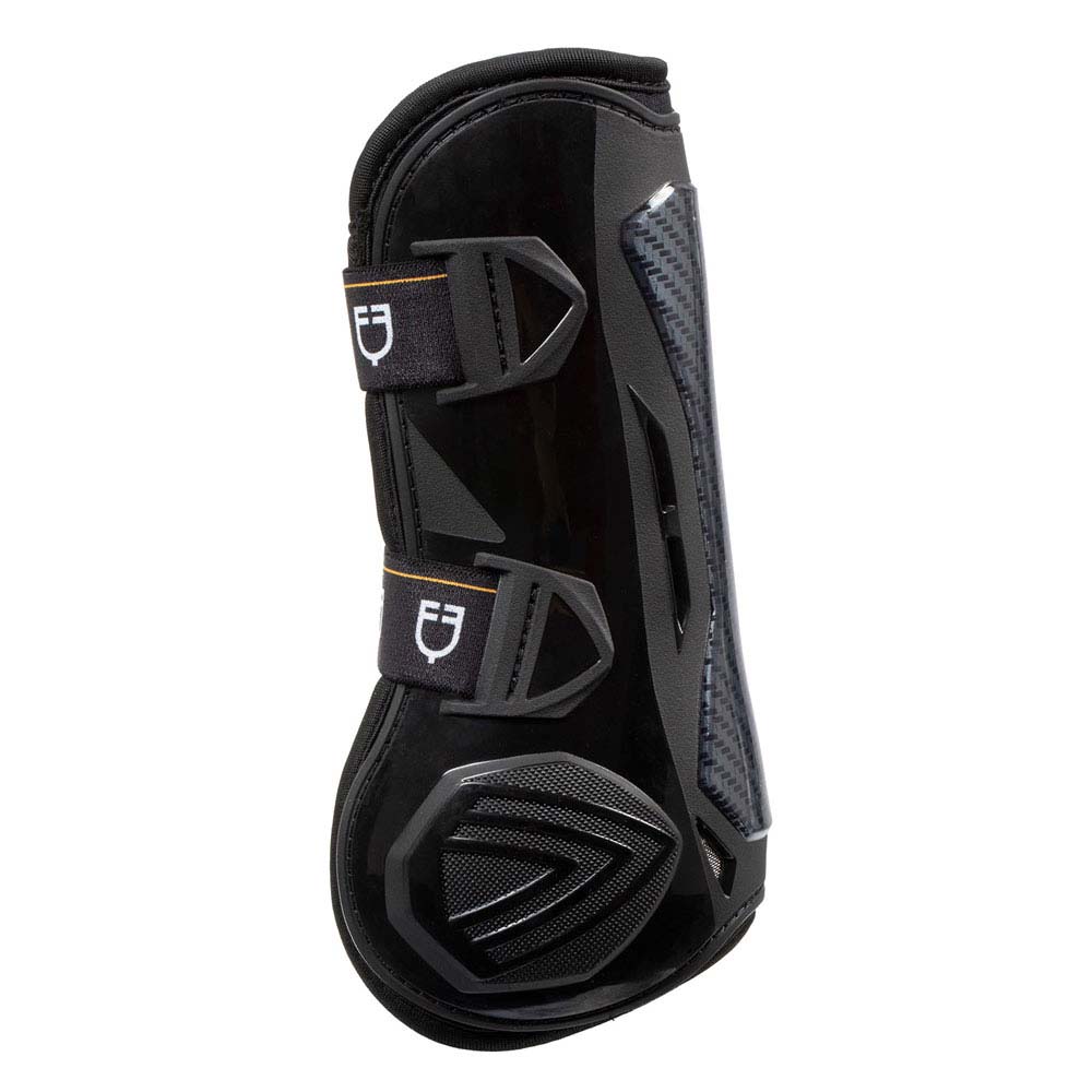Protector para perna de cavalo preto com detalhes em carbono e fechos de velcro