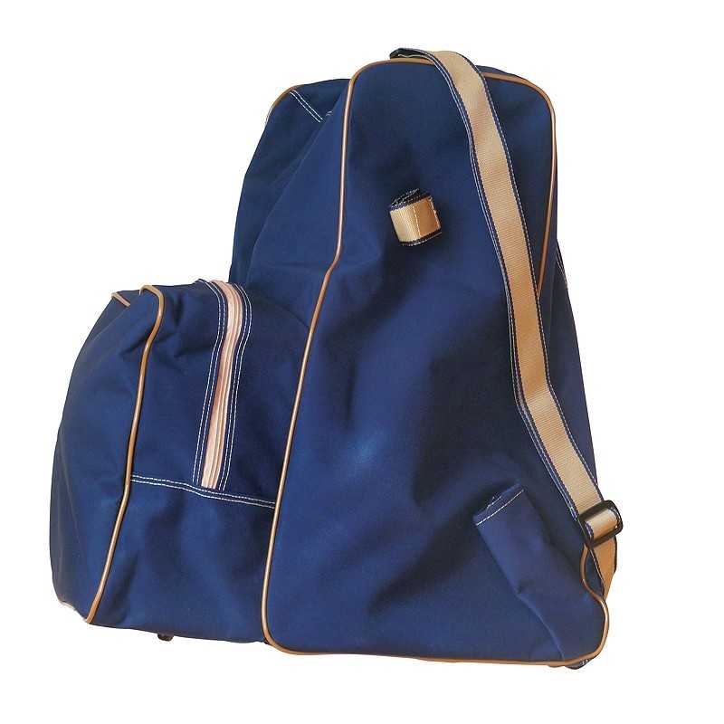 Mochila azul escuro com detalhes bege e bolso frontal