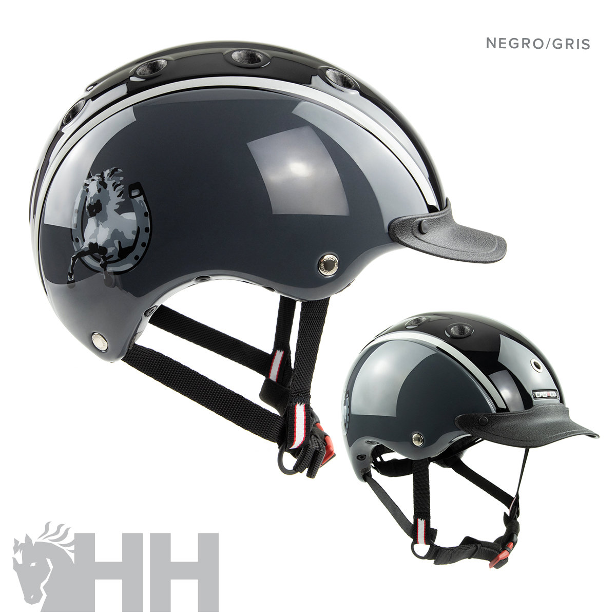 Capacete preto e cinzento para equitação com viseira e alças de segurança