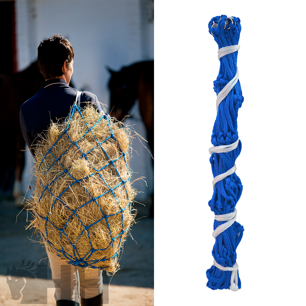 Rede azul para feno com cordões brancos, em uso na costas de uma pessoa