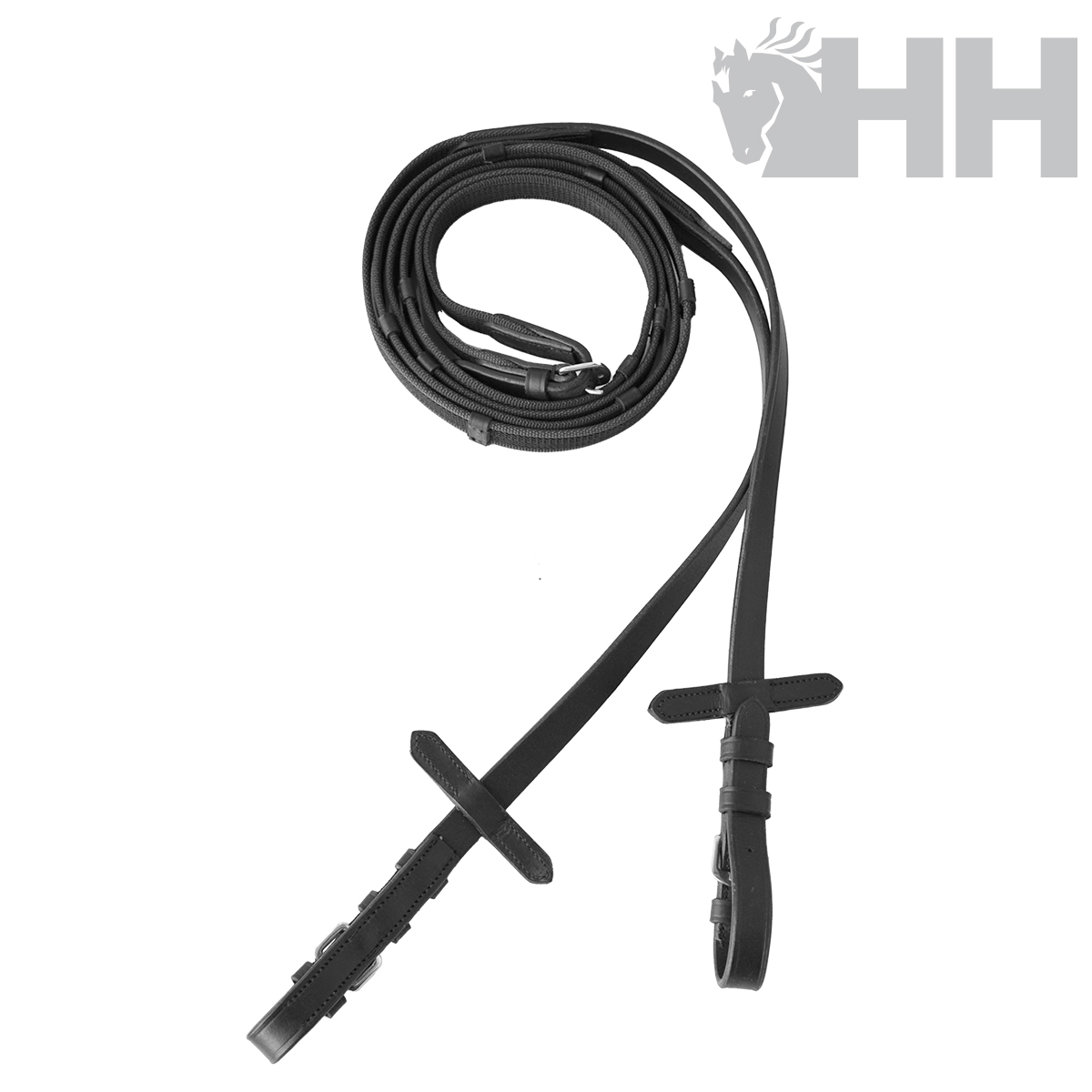 Rédea preta para cavalo com argola metálica e logotipo HH