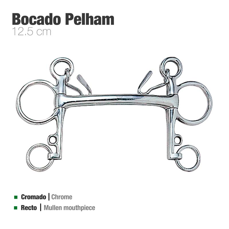 Bocado Pelham cromado de 12,5 cm com argolas em fundo branco