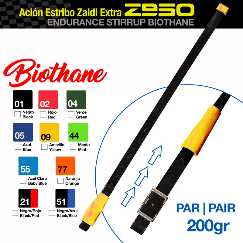 Estribo para equitação Zaldi Extra Z950 preto com amarelo em Biothane, com fivela metálica e ajuste de tamanho