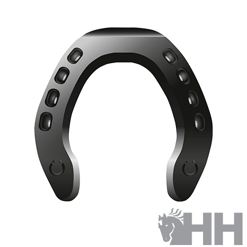 Suporte em ferradura metálica preta com orifícios e logótipo HH