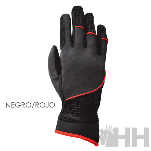 Luva preta com detalhes vermelhos e texto NEGRO/ROJO